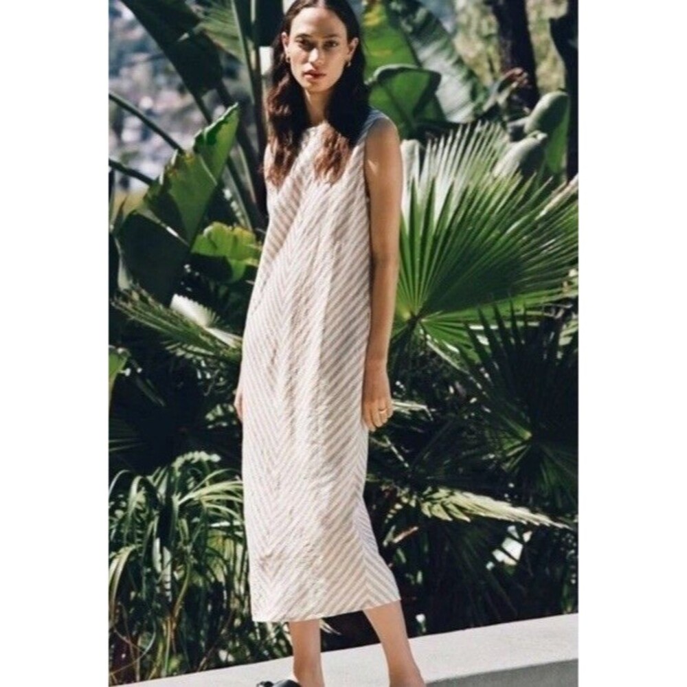Everlane The Linen Bias Cut Dress Striped Ivory Beige Midi Size 12 - Picture 2 of 12